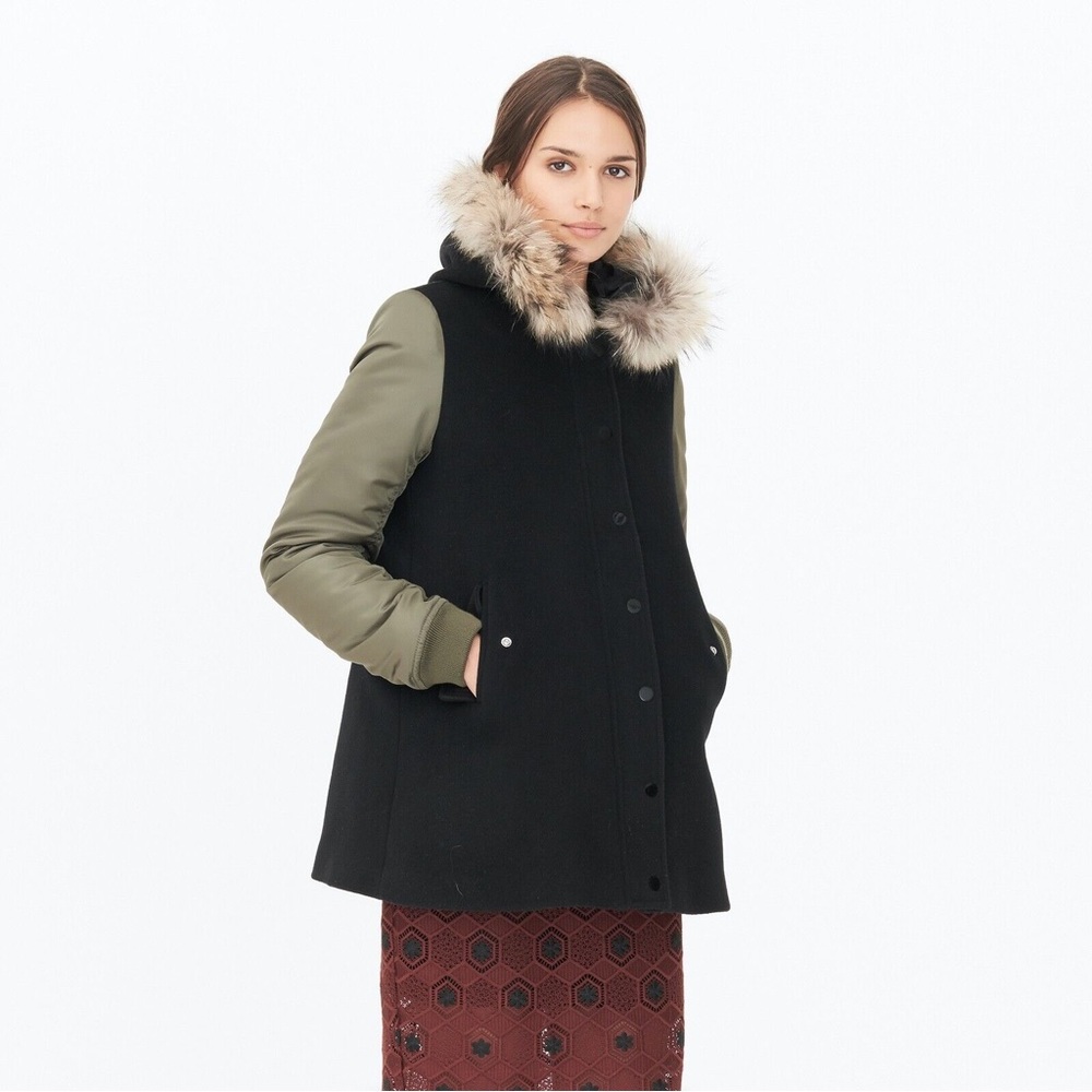 NWT $950 Sandro Wool Hooded Jacket with Fur in Black/Army Green Size S